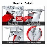 8 inch heavy duty swivel caster wheel with red PU iron core wheel, steel plate mount and brake or no-brake options