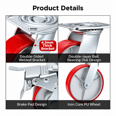 8 inch heavy duty swivel caster wheel with red PU iron core wheel, steel plate mount and brake or no-brake options