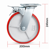8 inch heavy duty swivel caster wheel with red PU iron core wheel, steel plate mount and brake or no-brake options