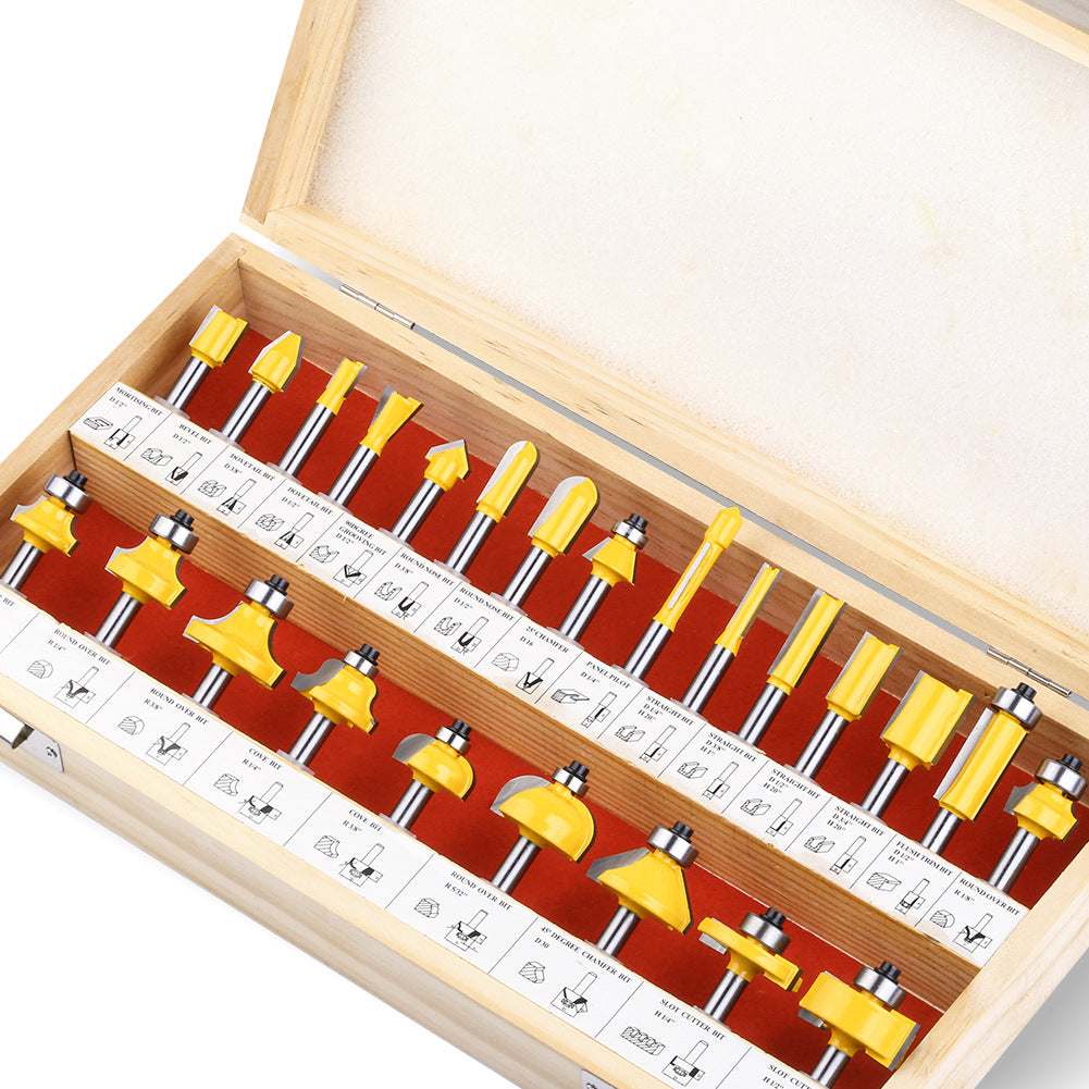 24-piece 1/4 inch shank router bits set in wooden storage case with straight, flush trim, round over, cove, chamfer, dovetail, mortising, slot cutter and grooving bits for woodworking