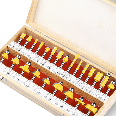 24-piece 1/4 inch shank router bits set in wooden storage case with straight, flush trim, round over, cove, chamfer, dovetail, mortising, slot cutter and grooving bits for woodworking