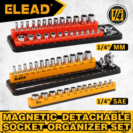 1/4-inch magnetic detachable socket organizer set for metric and SAE sockets, heavy-duty tray for toolboxes, carts, and workshop storage
