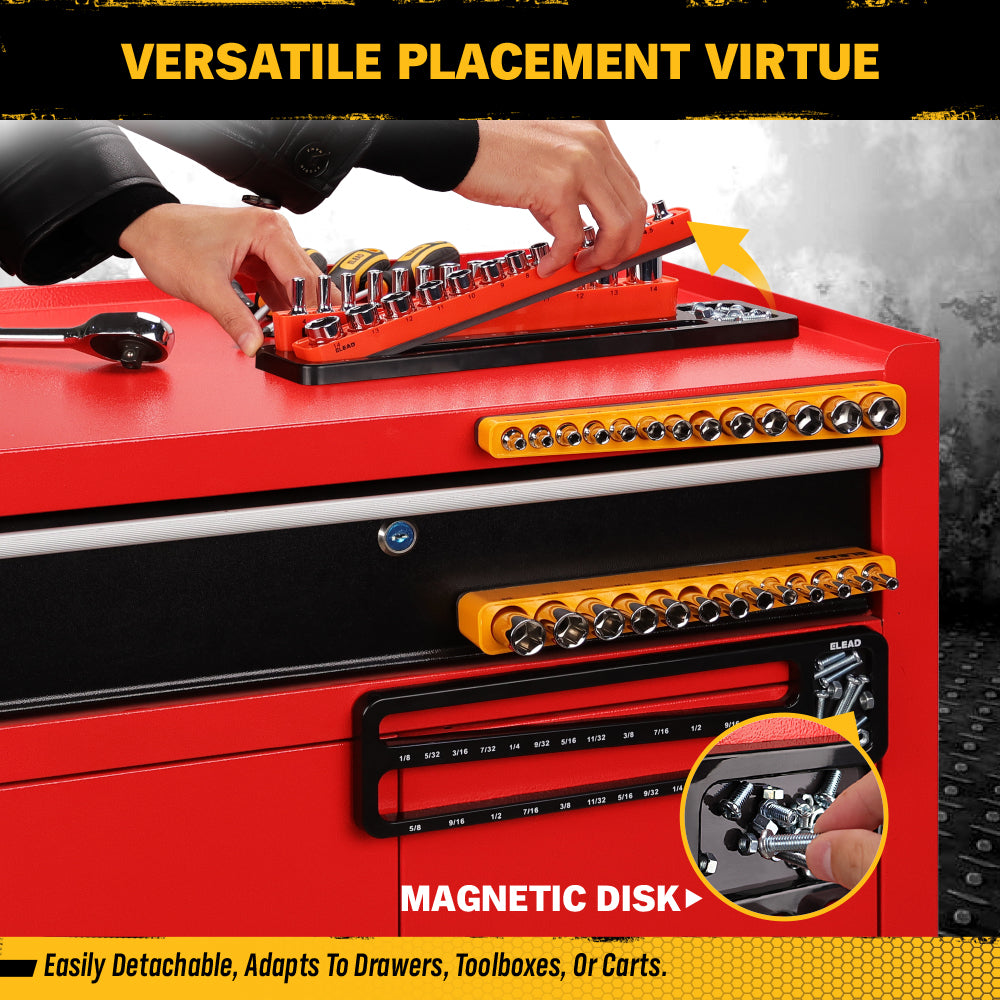 1/4-inch magnetic detachable socket organizer set for metric and SAE sockets, heavy-duty tray for toolboxes, carts, and workshop storage