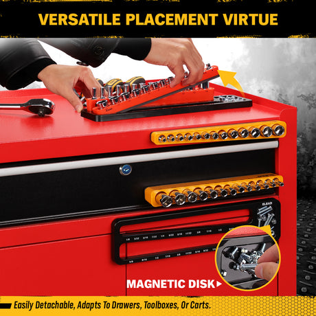 1/4-inch magnetic detachable socket organizer set for metric and SAE sockets, heavy-duty tray for toolboxes, carts, and workshop storage