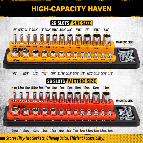 1/4-inch magnetic detachable socket organizer set for metric and SAE sockets, heavy-duty tray for toolboxes, carts, and workshop storage