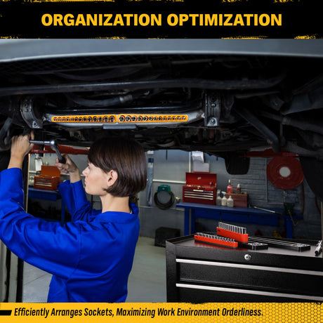 1/4-inch magnetic detachable socket organizer set for metric and SAE sockets, heavy-duty tray for toolboxes, carts, and workshop storage