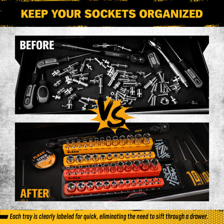 1/4-inch magnetic detachable socket organizer set for metric and SAE sockets, heavy-duty tray for toolboxes, carts, and workshop storage