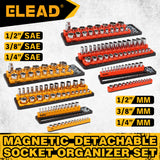 Magnetic detachable socket organizer set with labeled SAE and metric trays for 1/4, 3/8 and 1/2 inch drive sockets, ideal for toolboxes, carts and workshops