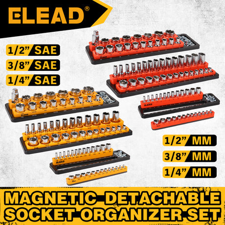 Magnetic detachable socket organizer set with labeled SAE and metric trays for 1/4, 3/8 and 1/2 inch drive sockets, ideal for toolboxes, carts and workshops