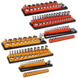 Magnetic detachable socket organizer set with labeled SAE and metric trays for 1/4, 3/8 and 1/2 inch drive sockets, ideal for toolboxes, carts and workshops