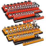 Magnetic detachable socket organizer set with labeled SAE and metric trays for 1/4, 3/8 and 1/2 inch drive sockets, ideal for toolboxes, carts and workshops