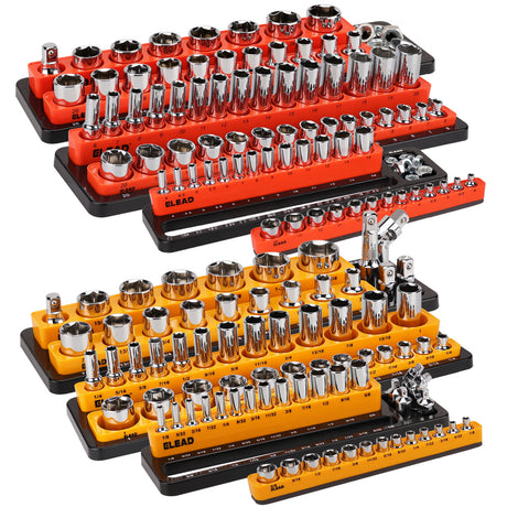 Magnetic detachable socket organizer set with labeled SAE and metric trays for 1/4, 3/8 and 1/2 inch drive sockets, ideal for toolboxes, carts and workshops