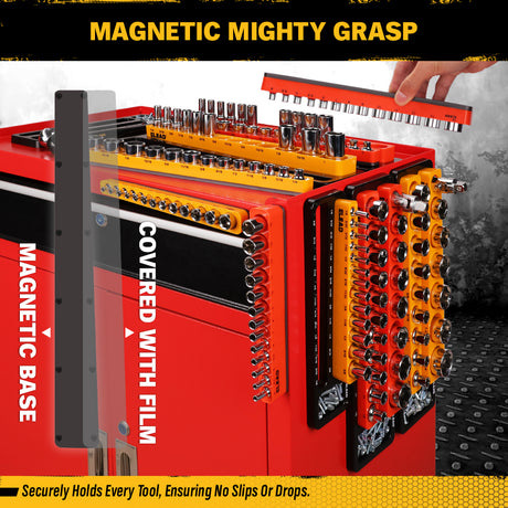 Magnetic detachable socket organizer set with labeled SAE and metric trays for 1/4, 3/8 and 1/2 inch drive sockets, ideal for toolboxes, carts and workshops