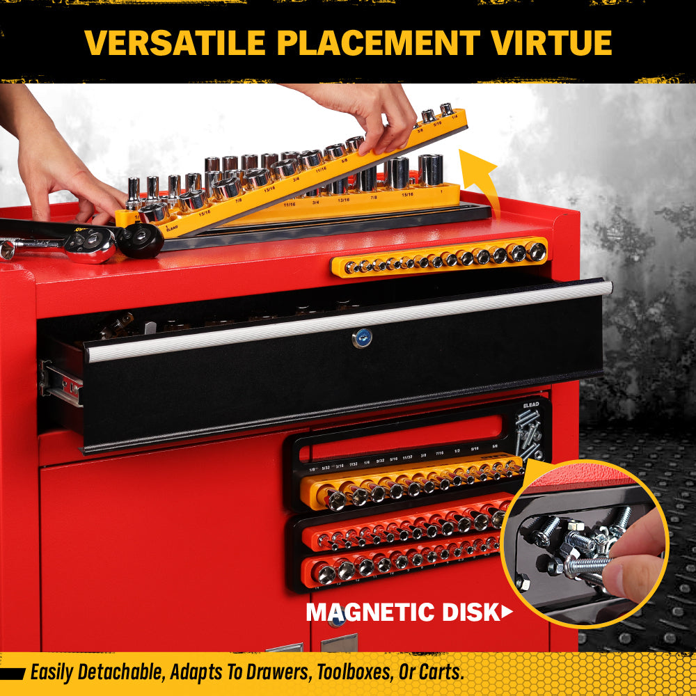 Magnetic detachable socket organizer set with labeled SAE and metric trays for 1/4, 3/8 and 1/2 inch drive sockets, ideal for toolboxes, carts and workshops