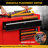 Magnetic detachable socket organizer set with labeled SAE and metric trays for 1/4, 3/8 and 1/2 inch drive sockets, ideal for toolboxes, carts and workshops