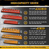 Magnetic detachable socket organizer set with labeled SAE and metric trays for 1/4, 3/8 and 1/2 inch drive sockets, ideal for toolboxes, carts and workshops