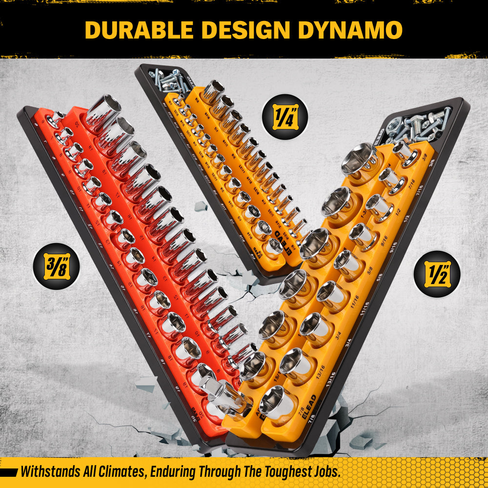 Magnetic detachable socket organizer set with labeled SAE and metric trays for 1/4, 3/8 and 1/2 inch drive sockets, ideal for toolboxes, carts and workshops