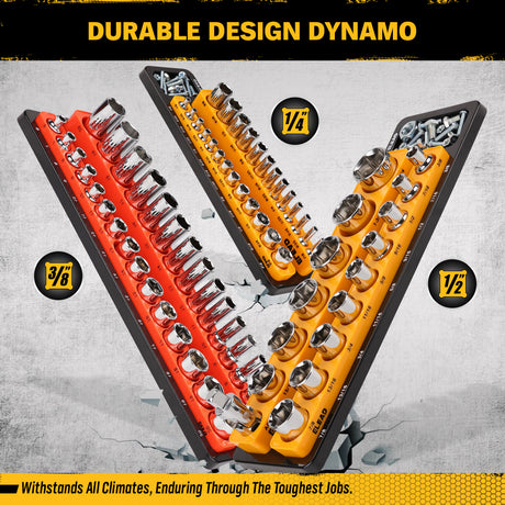 Magnetic detachable socket organizer set with labeled SAE and metric trays for 1/4, 3/8 and 1/2 inch drive sockets, ideal for toolboxes, carts and workshops