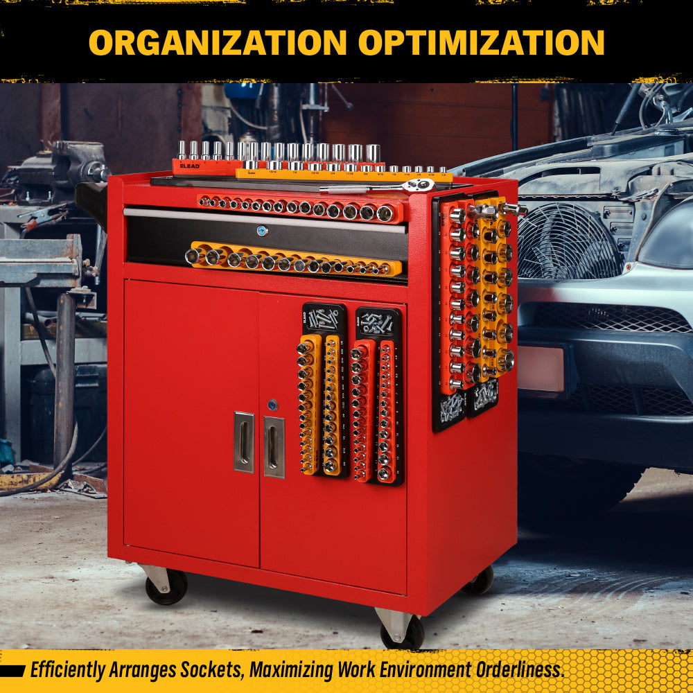 Magnetic detachable socket organizer set with labeled SAE and metric trays for 1/4, 3/8 and 1/2 inch drive sockets, ideal for toolboxes, carts and workshops
