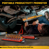 Magnetic detachable socket organizer set with labeled SAE and metric trays for 1/4, 3/8 and 1/2 inch drive sockets, ideal for toolboxes, carts and workshops