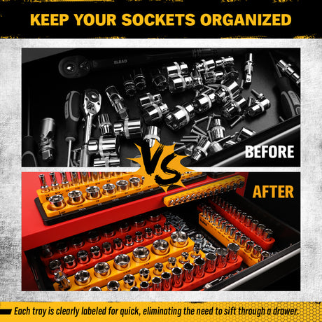 Magnetic detachable socket organizer set with labeled SAE and metric trays for 1/4, 3/8 and 1/2 inch drive sockets, ideal for toolboxes, carts and workshops