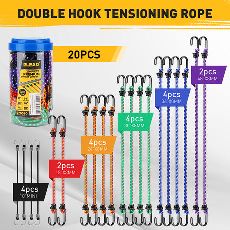 20-piece heavy duty bungee cord set with double hook design, 8mm elastic cords in multiple lengths for cargo tie down and storage