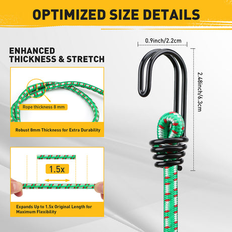 20-piece heavy duty bungee cord set with double hook design, 8mm elastic cords in multiple lengths for cargo tie down and storage