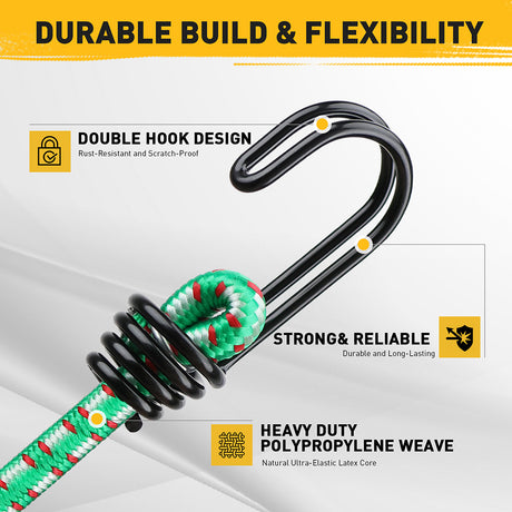 20-piece heavy duty bungee cord set with double hook design, 8mm elastic cords in multiple lengths for cargo tie down and storage