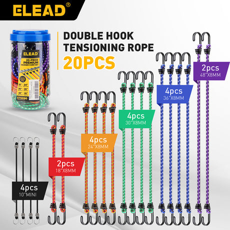 20-piece heavy duty bungee cord set with double hook design, 8mm elastic cords in multiple lengths for cargo tie down and storage