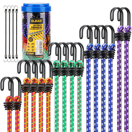 20-piece heavy duty bungee cord set with double hook design, 8mm elastic cords in multiple lengths for cargo tie down and storage