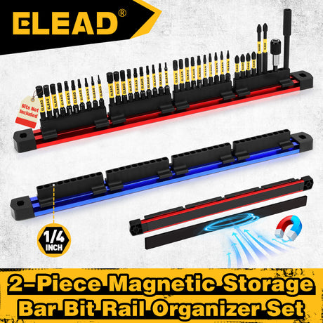 magnetic aluminium bit rail organizer set for 1/4 inch driver bits in red and blue