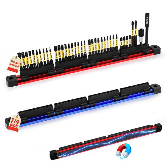 magnetic aluminium bit rail organizer set for 1/4 inch driver bits in red and blue