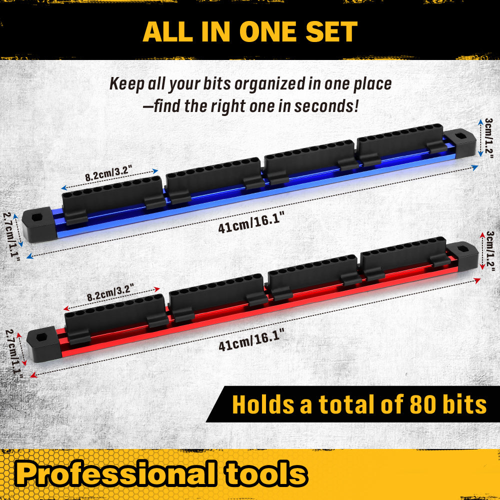 magnetic aluminium bit rail organizer set for 1/4 inch driver bits in red and blue