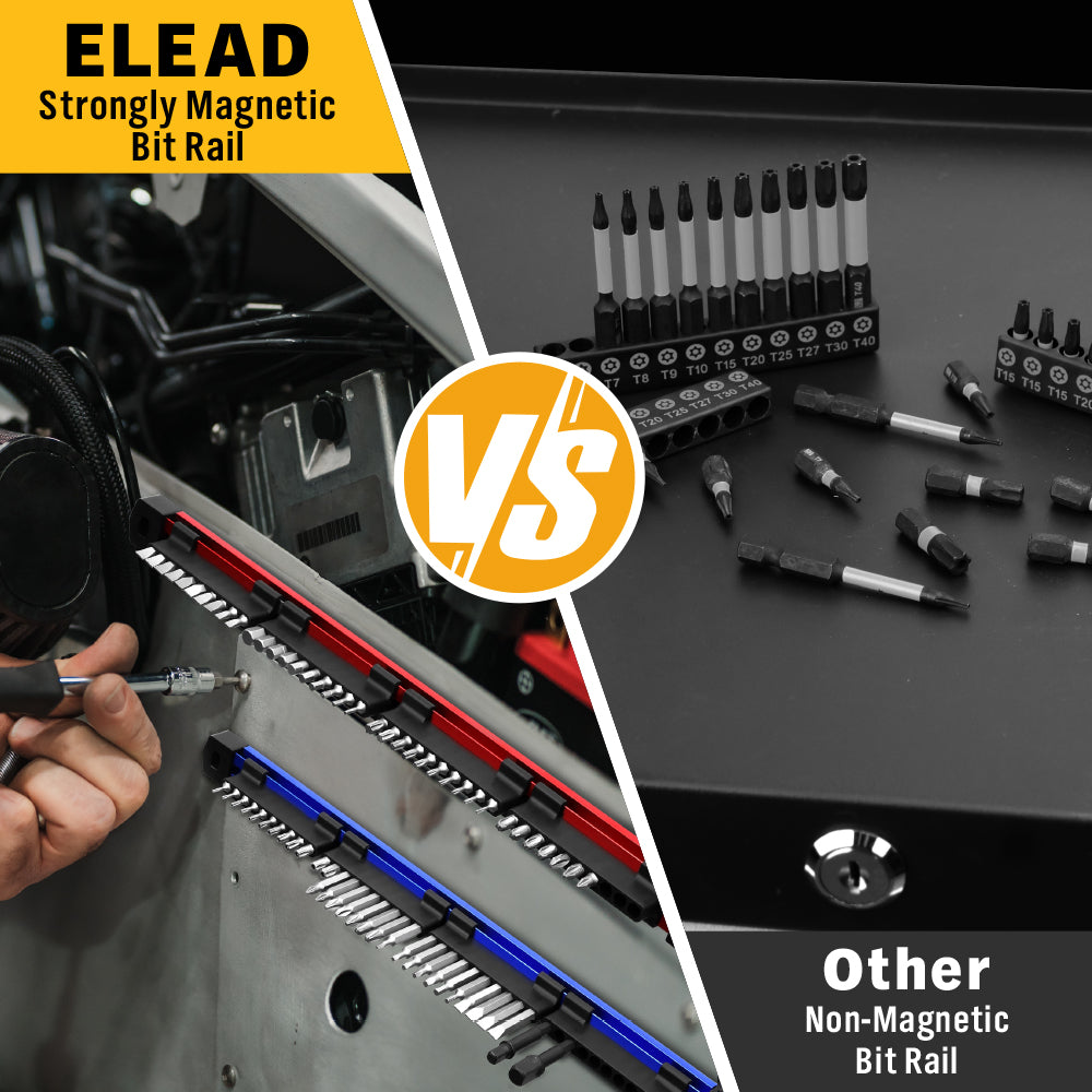 magnetic aluminium bit rail organizer set for 1/4 inch driver bits in red and blue