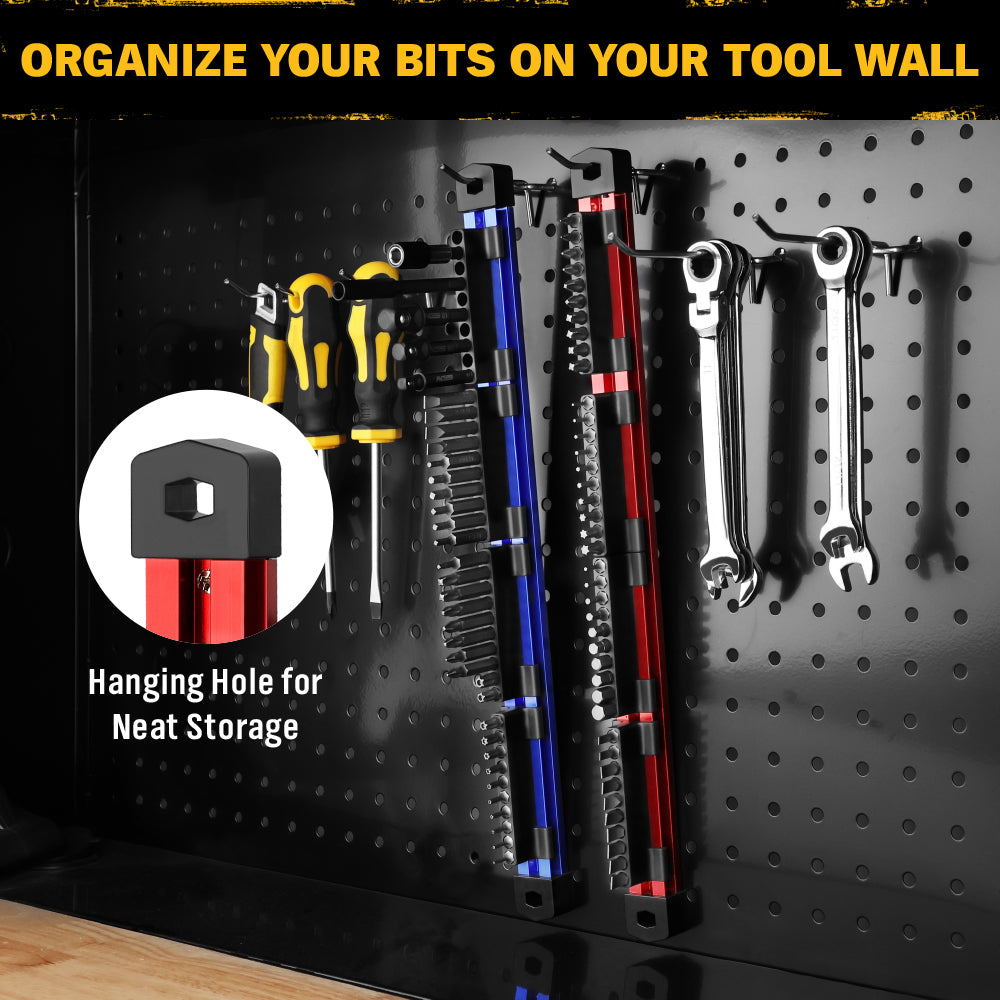 magnetic aluminium bit rail organizer set for 1/4 inch driver bits in red and blue