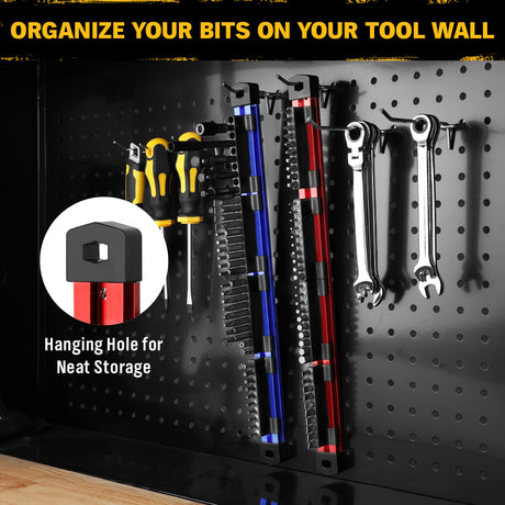 magnetic aluminium bit rail organizer set for 1/4 inch driver bits in red and blue