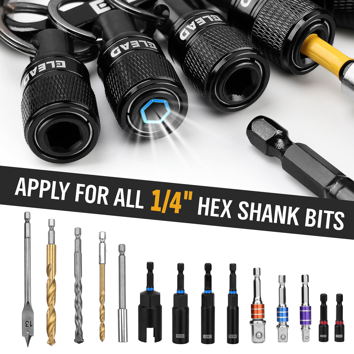 ELEAD 6-pack black drill bit holder with quick release carabiner, 1/4 inch hex shank organisers for screwdriver and drill accessories