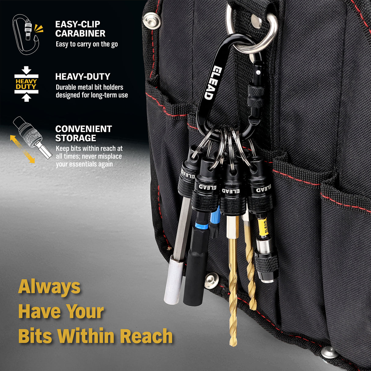 ELEAD 6-pack black drill bit holder with quick release carabiner, 1/4 inch hex shank organisers for screwdriver and drill accessories