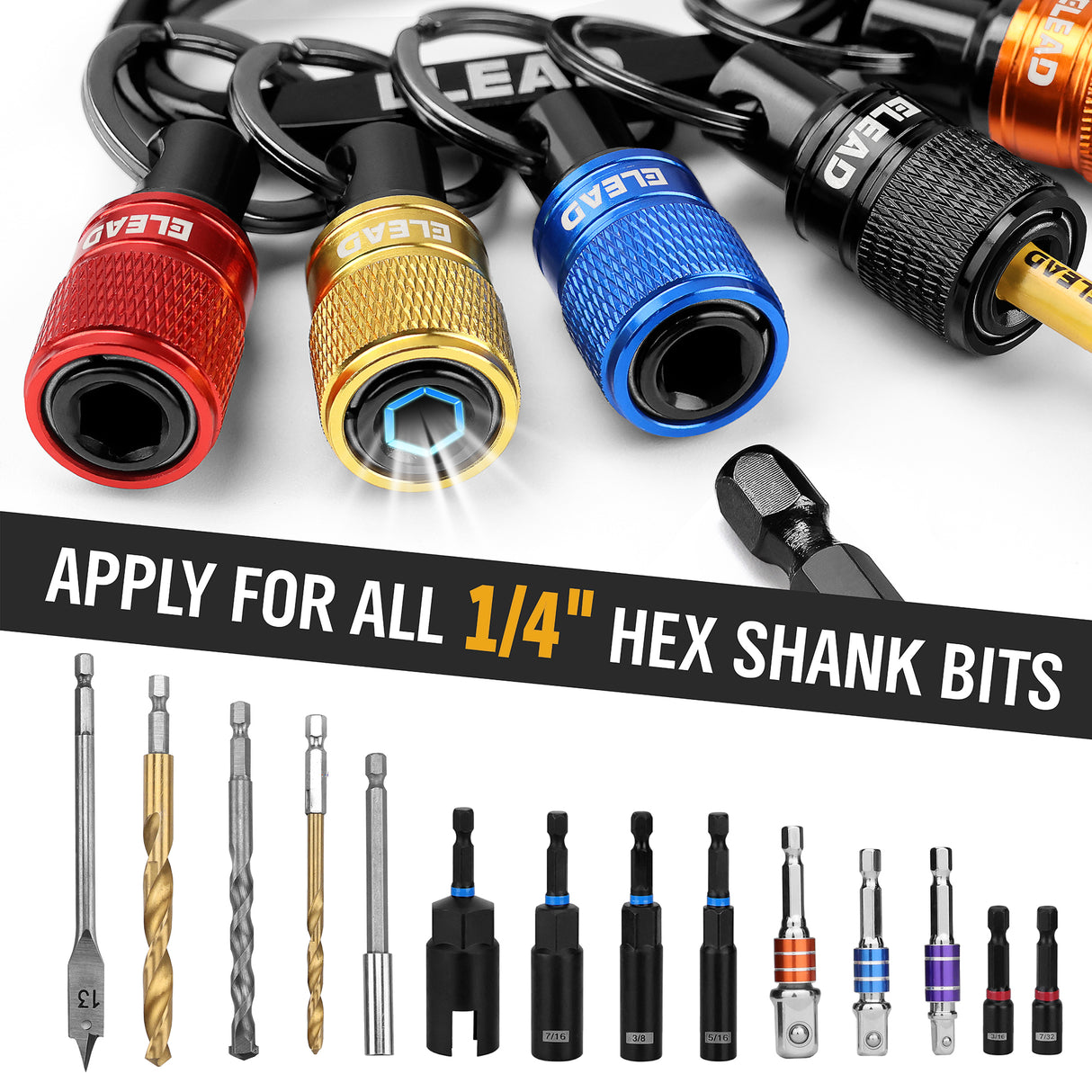 ELEAD 6-pack multi-colour drill bit holder with quick release carabiner, 1/4 inch hex shank organisers for screwdriver and drill accessories