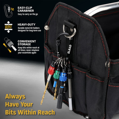 ELEAD 6-pack multi-colour drill bit holder with quick release carabiner, 1/4 inch hex shank organisers for screwdriver and drill accessories