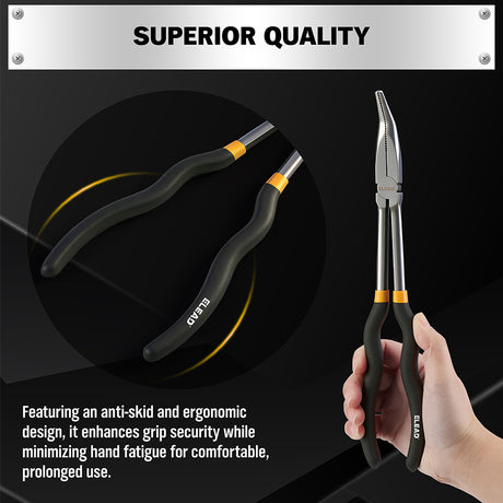 ELEAD 5-piece 11 inch long reach needle nose pliers set with straight, 45° and 90° bent jaws, magnetic racks and rolling pouch