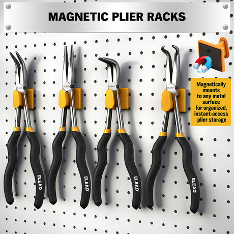 ELEAD 5-piece 11 inch long reach needle nose pliers set with straight, 45° and 90° bent jaws, magnetic racks and rolling pouch
