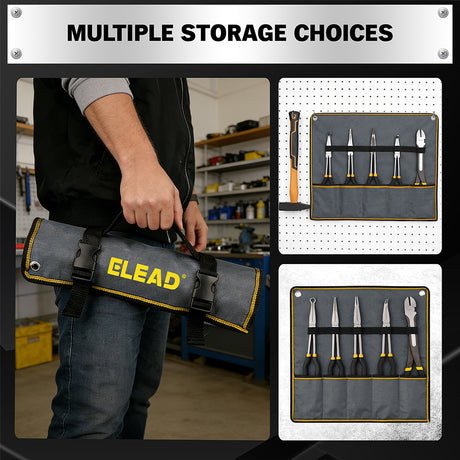 ELEAD 5-piece 11 inch long reach needle nose pliers set with straight, 45° and 90° bent jaws, magnetic racks and rolling pouch