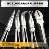 ELEAD 5-piece 11 inch long reach needle nose pliers set with straight, 45° and 90° bent jaws, magnetic racks and rolling pouch