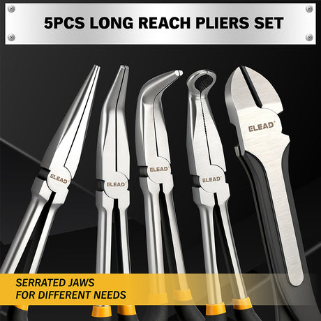 ELEAD 5-piece 11 inch long reach needle nose pliers set with straight, 45° and 90° bent jaws, magnetic racks and rolling pouch