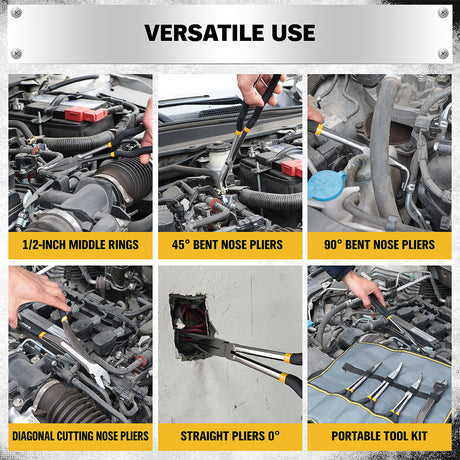 ELEAD 5-piece 11 inch long reach needle nose pliers set with straight, 45° and 90° bent jaws, magnetic racks and rolling pouch