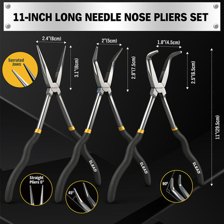 ELEAD 5-piece 11 inch long reach needle nose pliers set with straight, 45° and 90° bent jaws, magnetic racks and rolling pouch