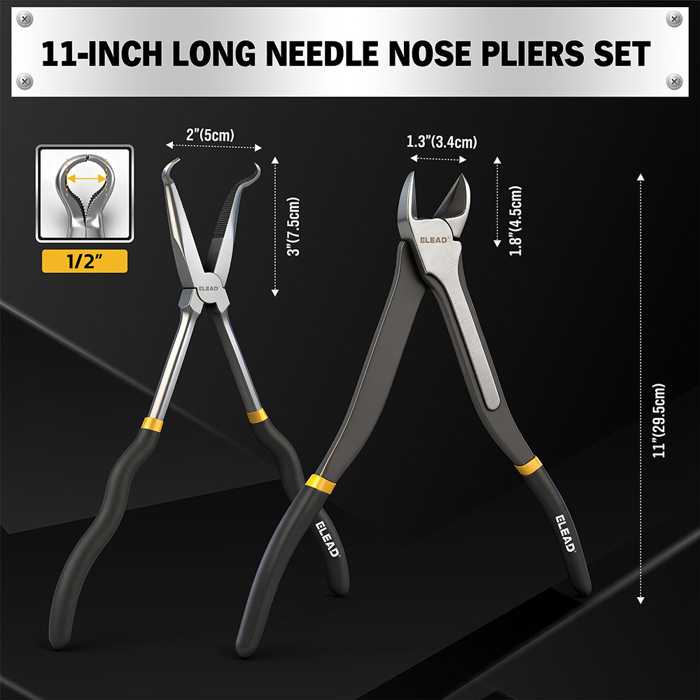 ELEAD 5-piece 11 inch long reach needle nose pliers set with straight, 45° and 90° bent jaws, magnetic racks and rolling pouch
