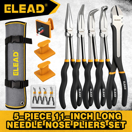 ELEAD 5-piece 11 inch long reach needle nose pliers set with straight, 45° and 90° bent jaws, magnetic racks and rolling pouch