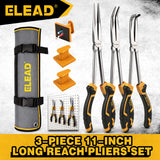 ELEAD 3 piece 11 inch long reach pliers set with straight 45 and 90 degree needle nose pliers magnetic racks and storage pouch